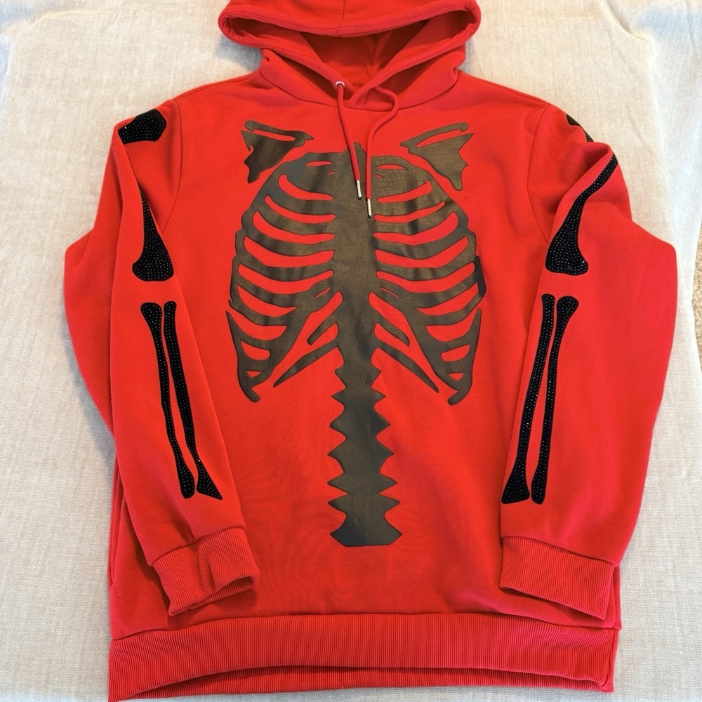 Black Pike Skeleton Hoodie XL Red Rhinestone Bones Gothic Streetwear Pullover